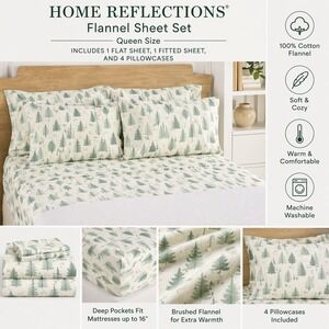 Home Reflections Queen Flannel Sheet Set 6pc Green Pine Tree Deer H492286 NWOT